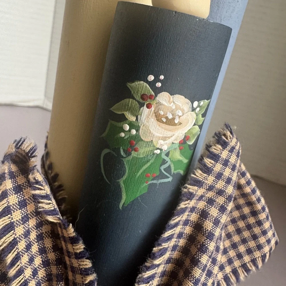 Wood Triple Taper Candle Hand Painted
